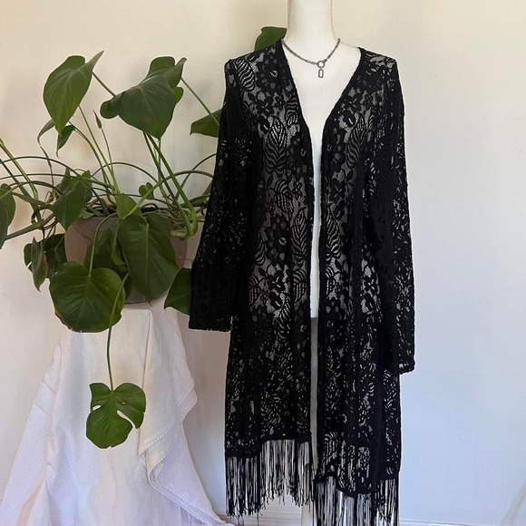 Sweaters - Y2K Whimsigoth Black Lace Long Sleeve Cardigan with Fringe Hem 3X Plus Size